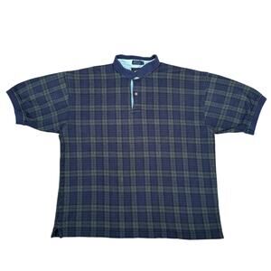 Vintage Woods & Gray Plaid Polo Shirt Denim Trim Collar Made in USA XL 90s
